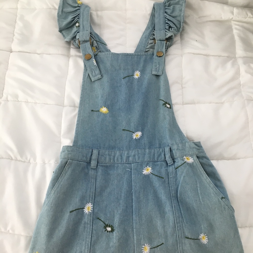 denim romper with flowers